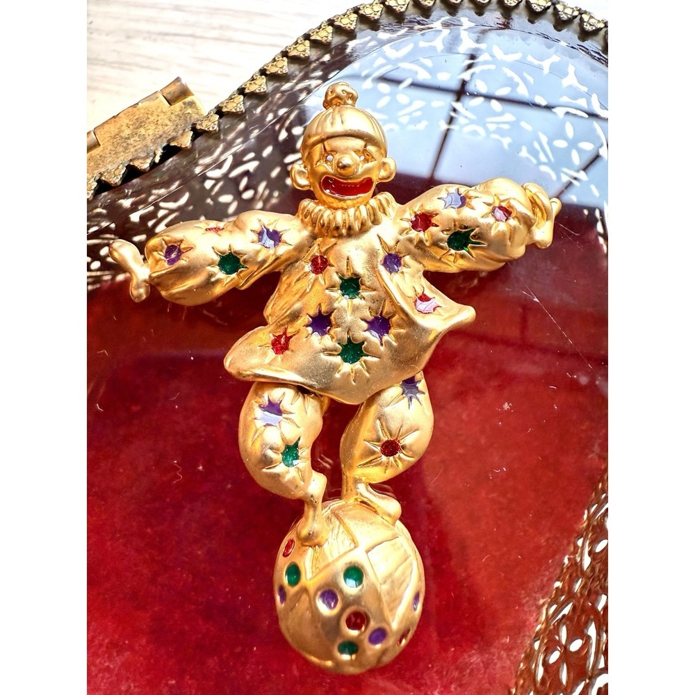 Vintage 1980's Gold Tone Enamel Articulated Clown Brooch Colorful